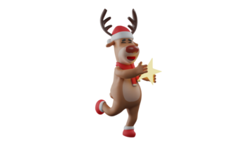 3D illustration. Glowing Deer 3D cartoon character. Christmas deer standing carrying a shining star. Christmas reindeer looks very happy to get the star. Charming Christmas deer. 3D cartoon character png