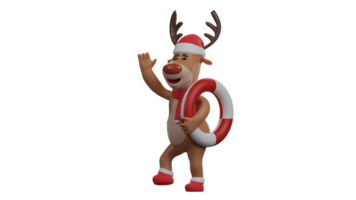 3D illustration. Friendly Deer 3D cartoon character. A Christmas deer stands carrying a red and white float in one hand. Christmas deer waving his hand to a friend he met. 3D cartoon character png