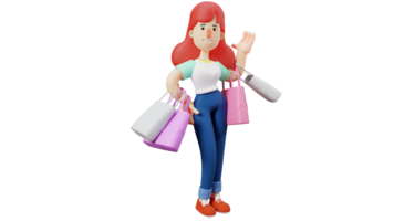 3d ilustração. hedonista mulher 3d desenho animado personagem. mulheres levar grande quantidade do colorida compras bolsas. adorável mulher mostrando feliz expressão. 3d desenho animado personagem png