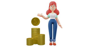 3d ilustração. rico menina 3d desenho animado personagem. bem sucedido menina em pé Próximo para uma pilha do ouro moedas. carreira mulheres mostrar dela renda enquanto trabalhando duro. feliz mulher. 3d desenho animado personagem png