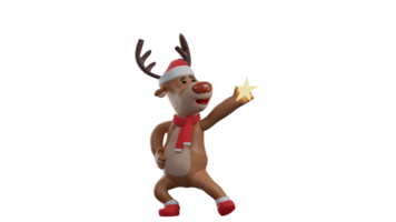 3D illustration. Charming Deer 3D cartoon character. Christmas deer in a pose showing a shining star. The deer watched the star he was holding so amazed. 3D cartoon character png