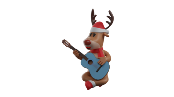 3D illustration. Adorable Deer 3D cartoon character. A deer in a sitting pose and plays the guitar. Deer loves to play his blue guitar. Lovely looking Christmas reindeer. 3D cartoon character png