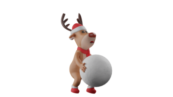 3D illustration. Adorable Deer 3D cartoon character. Christmas deer holding a giant snowball. Deer showed an objection expression as it picked up the snow. Cute Christmas deer. 3D cartoon character png