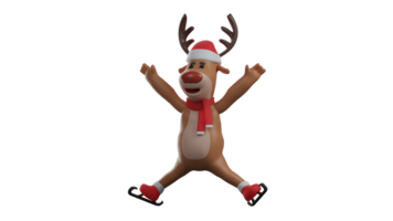 3D illustration. Cheerful Christmas Deer 3D cartoon character. Deer wearing a Christmas scarf and hat looks happy. Christmas deer is in a jumping pose and stretches both arms up. 3D cartoon character png
