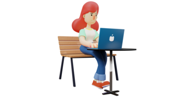 3d illustratie. slim leerling 3d tekenfilm karakter. leerling is zittend in een stoel en aan het doen haar werk gebruik makend van een laptop. leerling kijken echt in aan het doen haar taken. 3d tekenfilm karakter png