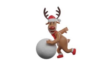 3D illustration. Christmas Deer 3D cartoon character. Deer is pushing a giant snowball. Deer is enjoying winter in his environment. Reindeer wearing a Christmas scarf and hat. 3D cartoon character png