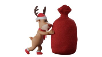 3D illustration. Christmas Deer 3D cartoon character. Deer pushing a gift big sack. Deer pushing a big red Christmas sack. Deer will bring the sack to the Christmas party. 3D cartoon character png