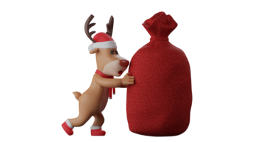 3d ilustración. Navidad ciervo 3d dibujos animados personaje. ciervo emprendedor un regalo grande bolsa. ciervo emprendedor un grande rojo Navidad bolsa. ciervo será traer el saco a el Navidad fiesta. 3d dibujos animados personaje png