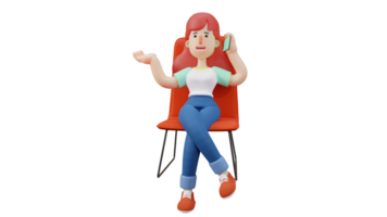 3D illustration. Career Woman 3D Cartoon Character. Business woman is sitting on a chair talking on the phone with someone. Young woman who looks busy taking care of something. 3D cartoon character png