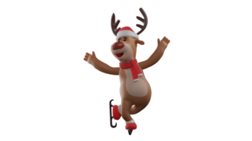 3D illustration. Cute Deer 3D cartoon character. Christmas reindeer hopping for joy. The deer shows a happy expression. Very expressive Christmas reindeer. 3D cartoon character png