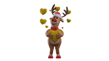 3d ilustração. adorável Natal rena 3d desenho animado personagem. uma fofa veado abraçando uma amarelo amor símbolo. a veado é em pé sorridente e cercado de grande quantidade do amarelo amar. 3d desenho animado personagem png