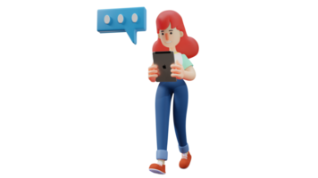 3D Illustration. Female 3D cartoon character. A young woman with a pose walking while holding a tab. Casual women pay attention to something in her tab. 3D cartoon character png