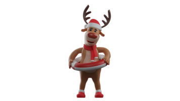 3d Illustration. Hirsch 3d Karikatur Charakter. Weihnachten Hirsch ist Stehen während tragen ein rot und Weiß schweben. Weihnachten Hirsch gehen zum ein schwimmen. Hirsch lächelt süß und sieht aus glücklich. 3d Karikatur Charakter png