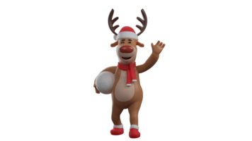 3D illustration. Happy Deer 3D cartoon character. Christmas deer carrying snow with one hand. Deer showed a sweet smile to someone he met. Christmas reindeer playing in the snow. 3D cartoon character png