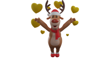 3D illustration. Happy Christmas Reindeer 3D cartoon character. The deer spread his hands while smiling sweetly. Christmas reindeer surrounded by many yellow love symbols. 3D cartoon character png