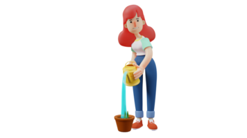 3D Illustration. Diligent Girl 3D cartoon character. A woman is flushing plants in pots. Beautiful women who like to care for plants in front of the house. 3D cartoon character png