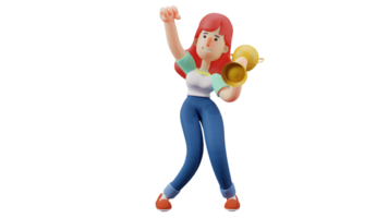 3D Illustration. Achievement Women 3D Cartoon Character. The young girl lifted the golden cup. The great girl who won a competition and brought a trophy with pride. 3D cartoon character png