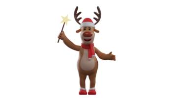 3D illustration. Christmas Deer 3D cartoon character. Christmas deer standing holding a shining star wand. Adorable deer showing the stick he brought to the Christmas celebration. 3D cartoon character png