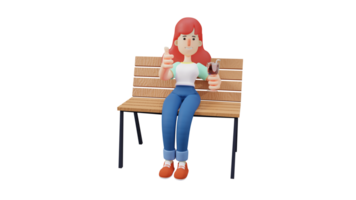 3d Illustration. charmant Frau 3d Karikatur Charakter. schön Frau Sitzung auf ein lange hölzern Stuhl. Frau Sitzung mit ein Glas von kalt trinken im ihr Hand. 3d Karikatur Charakter png