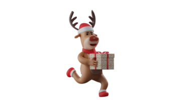 3D illustration. Christmas Deer 3D cartoon character. Christmas deer in a pose running while carrying a gift box. Adorable deer will bring gifts to Christmas celebrations. 3D cartoon character png