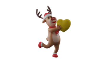 3D illustration. Romantic Deer 3D cartoon character. Deer raised the yellow love symbol which he held with both hands. Deer was hopping around and showing its happy expression. 3D cartoon character png