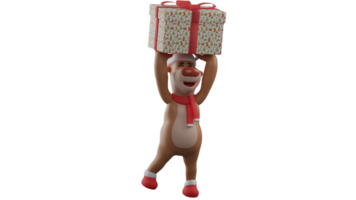 3D illustration. Christmas Deer 3D cartoon character. Christmas reindeer lifts a large gift box up. Deer use complete Christmas attributes, from socks to Christmas hats. 3D cartoon character png