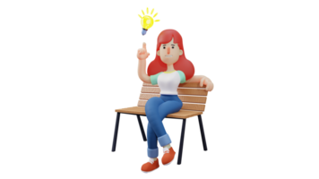 3D Illustration. Adorable Girl 3D cartoon character. A woman sat in a long chair and thought of an idea. Beautiful girl who got a good idea and there is shining bulb. 3D cartoon character png