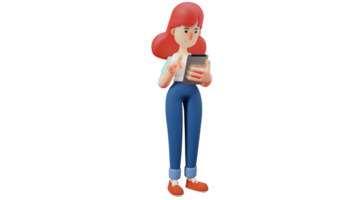 3D Illustration. Charming Girl 3D cartoon character. A woman in casual clothes standing while watching the tab. Young women who look beautiful when showing her serious expression. 3D cartoon character png