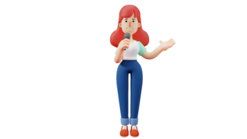 3d ilustração. talentoso mulher 3d desenho animado personagem. lindo mulher em pé e segurando microfone. jovem mulher mostrando fora dela cantando habilidades. cantores quem estão muito feliz. 3d desenho animado personagem png