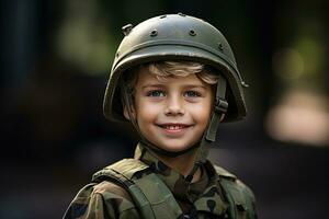 retrato de un linda pequeño chico en militar uniforme en oscuro antecedentes ai generado foto