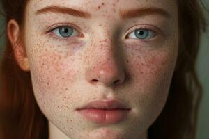 a close up of a woman with freckles AI generated photo