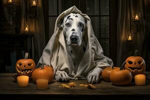 Víspera de Todos los Santos tema. perro en fantasma disfraz con calabazas en oscuro antecedentes ai generado foto