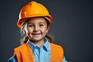 retrato de un sonriente pequeño niña en un construcción casco ai generado foto