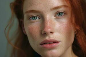 a close up of a woman with freckles AI generated photo