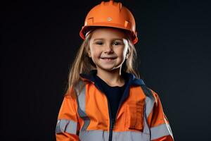 retrato de un sonriente pequeño niña en un construcción casco ai generado foto