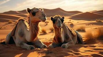 Two camels resting in the desert sand. Generative AI photo