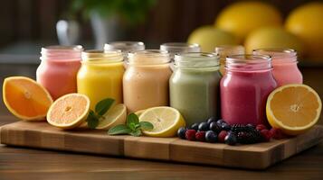 Nature's Rainbow in a Glass. Colorful Fruit, Vegetable, and Lemon Smoothies photo