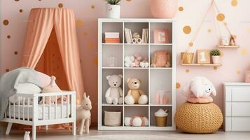 White bookcase with plush toys and decorations in a cute, cozy, white and peach pink scandinavian nursery interior photo