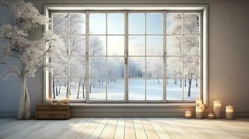 Scandinavian Serenity, Winter Wonderland View Through White Room's Window. Generative AI photo