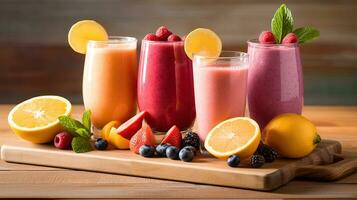 Vibrant Stripes of Wellness. Colorful Fruit, Vegetable, and Lemon Smoothies photo