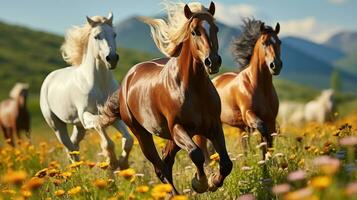 Horses Galloping Through Flower-Filled Meadow photo