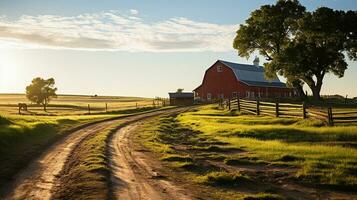 Exploring the Scenic Dirt Road Between Charming Barns on a Serene Farm photo