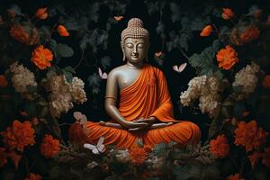 Buda estatua rodeado por naranja flores en un negro antecedentes ai generado foto