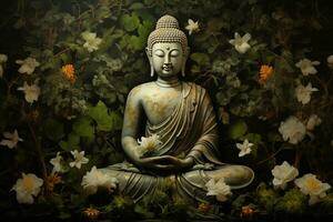 Buddha statue with lotus flower and green leaves background AI Generated photo