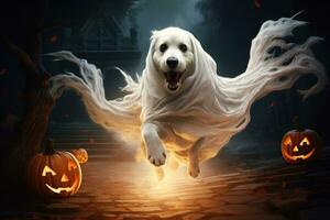 Halloween theme. dog in ghost costume with pumpkins on dark background AI Generated photo