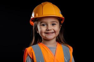 retrato de un sonriente pequeño niña en un construcción casco ai generado foto