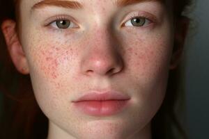 a close up of a woman with freckles,rosacea couperose redness skin AI generated photo