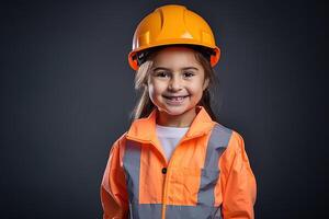 Portrait of a smiling little girl in a construction helmet AI Generated photo