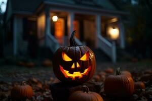 Halloween pumpkins in front of a house at night, Halloween background AI generated photo