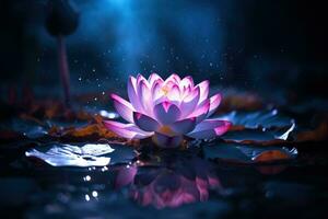 Beautiful pink water lily or lotus flower on dark background AI Generated photo